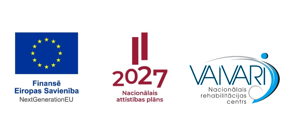 Eiropas Savienības NextGenerationEU, Latvijas Nacionālā attīstības plāna 2027 un Nacionālā rehabilitācijas centra Vaivari logotipi ir izvietoti viens otram blakus.