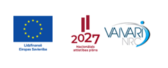 Trīs logotipi: Eiropas Savienības karogs ar Līdzināšana Eiropas Savienība apakšā, 2027. gada Nacionālais attīstības plāns un VANARi NRC ar zilu svītru.