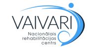 Vaivaru nacionālā rehabilitācijas centra logotips ar vārdu VAIVARI, zilu svītru un apaļu dizaina elementu. Zem teksta lasāms Nacionālais rehabilitācijas centrs.