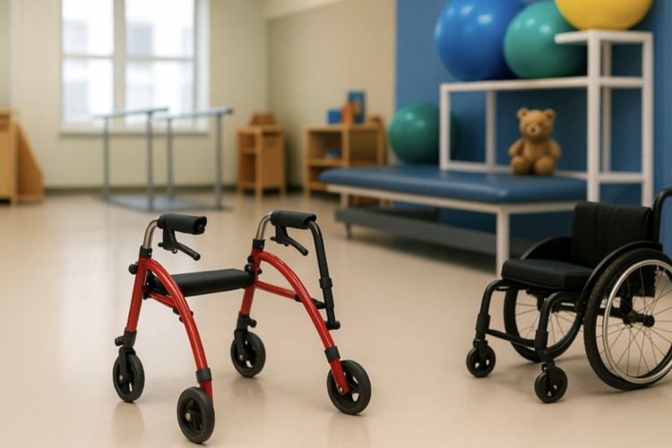 Sarkans rollators un melns ratiņkrēsls gaišā fizioterapijas telpā ar vingrošanas bumbām plauktos, polsterētu galdu un plīša lācīti fonā.