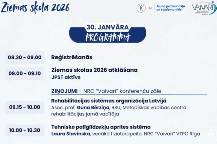 Digitālā pasākuma programma latviešu valodā ar nosaukumu „Ziemas skola 2026” 30. janvārim, kurā norādīts grafiks, laiki, sesiju tēmas un lektori; to organizē NRC „Vaivari” un JPST; teksts ir zils un pelēks uz balta fona.