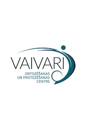 VAIVARI Nacionālais rehabilitācijas centrs logotips ar stilizētām zilām svītrām un punktu, kas norāda uz kustību vai cilvēku kustībā, simbolizējot rehabilitācijas un aprūpes pakalpojumus.