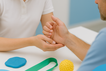 Rehabilitācijas sesijas laikā terapeits palīdz pacientam veikt roku vingrinājumus, izmantojot terapeitisko tepiķi, pretestības lenti un dzeltenu masāžas bumbu ar dzelteniem smaiļiem uz rehabilitācijas galda.