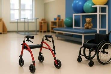 Sarkans rollators un melns ratiņkrēsls gaišā fizioterapijas telpā ar vingrošanas bumbām plauktos, polsterētu galdu un plīša lācīti fonā.